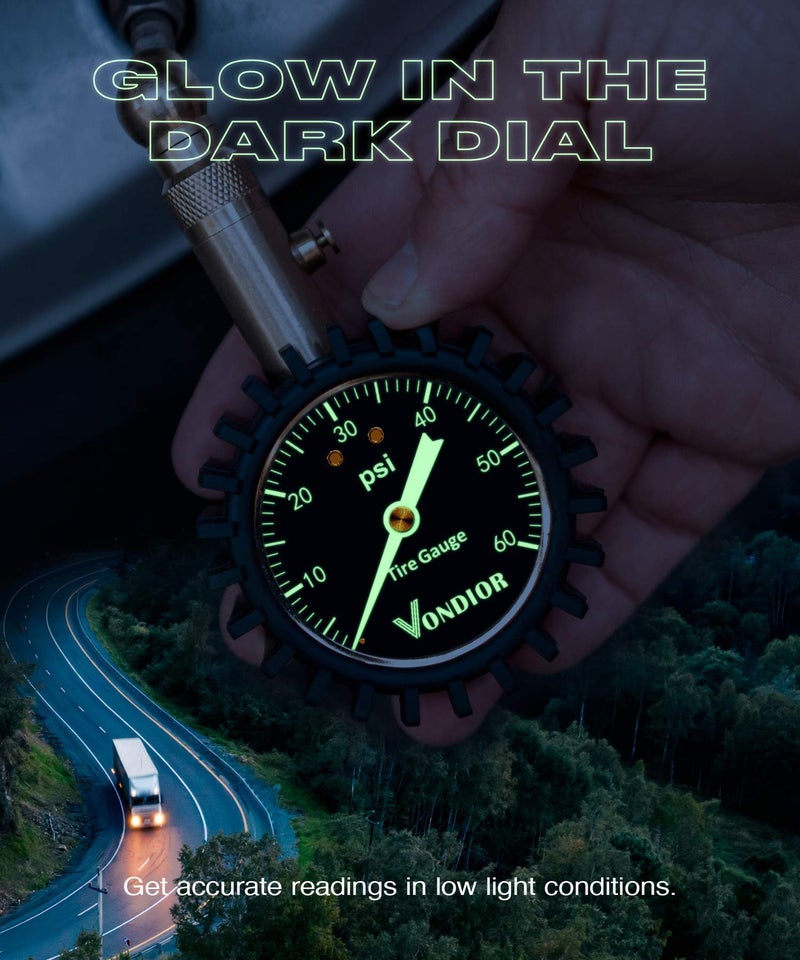 Vondior Tire Pressure Gauge - (0-60 PSI) Heavy Duty, Certified ANSI Accurate with Large 2 Inch Easy to Read Glow Dial, Low - High Air Pressure Gauge. Tire Gauge for Car and Trucks Tires by Vondior - Image 5